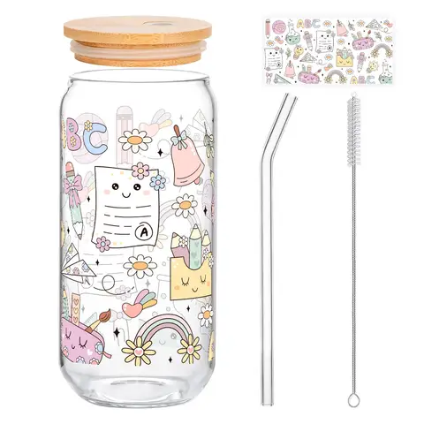 Alphynix 1 Campus-Erinnerungs-Glas, 500ml Valentinstagsgeschenk mit Papierflieger, Testpapier & Glockenmustern, Jugend-Cartoon-Glas mit Deckel & Strohhalm für Studenten,Geschenk zum valentinstag, geschenk zum geburtstag