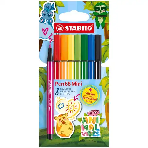 STABILO Pen 68 Mini Animal Vibes - Premium Fibre-Tip Pen - Pack of 8 - Assorted Colours