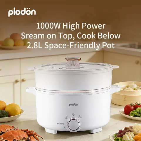 Plodon 1000W 2.8L Non-stick Multifunctional Electric Hot Pot with Steamer Travel Electric Cooker Fondue with Dual Power Control Cooking Pot for Ramen Noodles/Pasta/Egg/Soup/Oatmeal