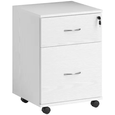 HOMCOM 2 Drawer Lockable Filing Cabinet with Wheels, Mobile Filing Cabinet for Home Office, Small Printer Stand White Wood Gr