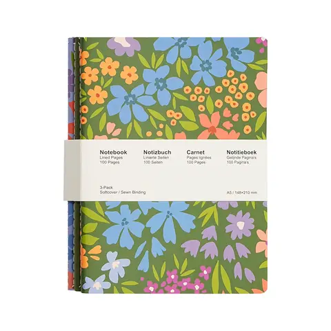 Jubiluu INPROBES A5 Softcover-Notizbuch Stitch, 3er-Pack - 50 Blatt (80 g/m² Offsetpapier) - klassisches cremefarbenes geliniertes Journal für Schule, Büro, Journaling oder Alltagsnotizen - Garden Bloom
