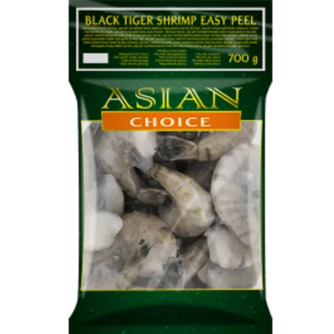 Asian Choice Crevettes Tigrées Black Tiger Calibre 31/40 Sans Tête avec Carapace et Dos Ouvert (HLSO/EZP) 1 kg (700 g net)