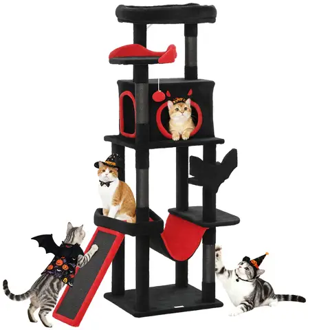 PawHut Gothic Cat Tree, 152 cm Multi-Level Cat Tower for Indoor Large Kittens with 1 Coffin Bed, 1 Hammock, 1 Condo, 2 Perches, Sisal Scratching Posts, 1 Scratching Ramp, Toy Ball, Black, Halloween