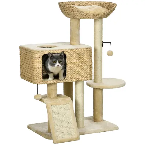 PawHut 95cm Cat Tree for Indoor Cats, Cat Tower with Scratching Posts, Ramp, Condo, Toy Balls, Platform, Bed, Ramp - Beige