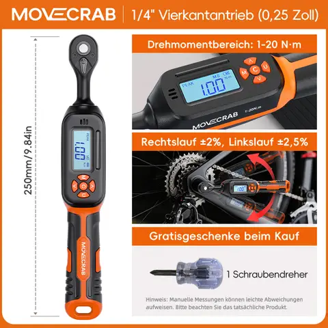 Movecrab Professioneller digitaler Drehmomentschlüssel mit 1/4" Vierkantantrieb, Messbereich1-20 Nm , ±2 % hohe Genauigkeit, LED-Anzeige mit Einheitenumschaltung (Nm/in.lb/ft.lb/kg.cm), Vibrations-, Ton- und Lichtalarm (Dreifachalarm) für Reparaturen an Autos, Motorrädern und Fahrrädern.