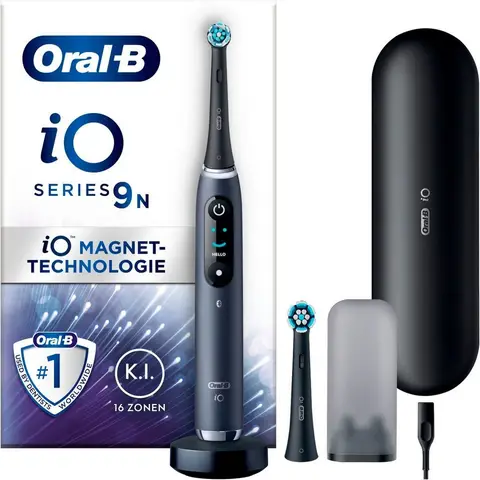 Oral-B iO Serie 9 Elektrozahnbürste, 2 Bürstenköpfe, 7 Reinigungsmodi, Zahnpflege, Magnet-Technologie, Farbanzeige, Lade-Reiseetui, Schwarzer Onyx