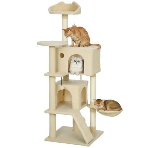 PawHut 140cm Cat Tree, Multi-Level Large Cat Tower with 3 Sisal Scratching Posts, Condos, Plush Perches, Hammock, Ladder, Dangling Balls, Kitten Activity Centre for Kittens Playing Relaxing, Beige
