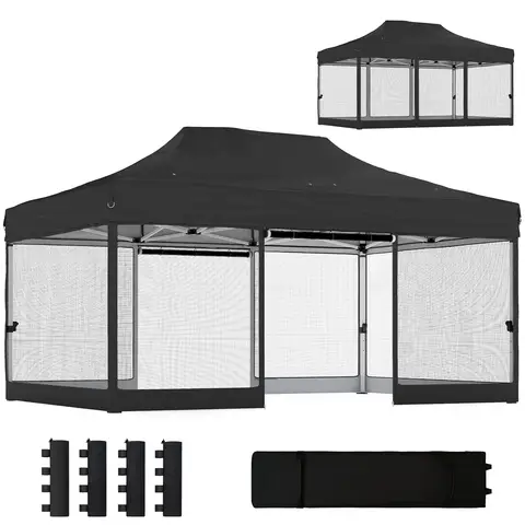 Outsunny 3 x 4.5 m Pop Up Gazebo with Mesh Nettings, UPF50+ Heavy Duty Outdoor Garden Party Tent Marquee Wedding Canopy Instant Event Shelter with 4 Sandbags, Wheeled Carry Bag, Black