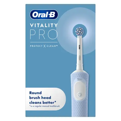 Oral‑B Vitality Pro Electric Toothbrush + 2 CrossAction Heads, 3 Brushing Modes Including Sensitive Plus, 2 Pin UK Plug, Blue