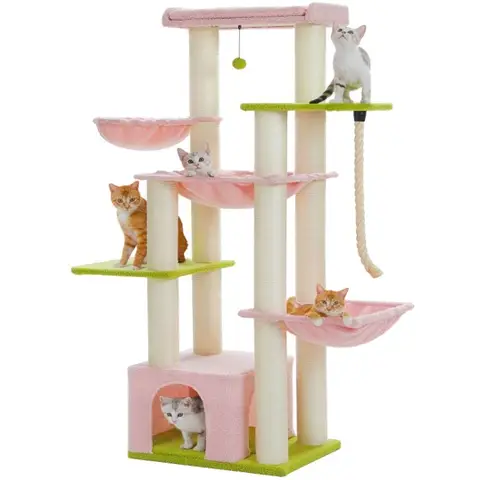 PAWZ Road Grand arbre à chat avec hamac, 13 poteaux en sisal diamètre 11 cm 170 cm - Grande plateforme, niche, paniers et griffoir rose