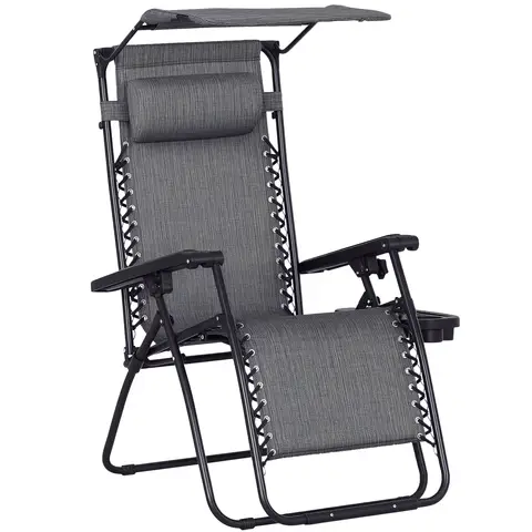Outsunny Foldable Reclining Garden Chair with Headrest, Zero Gravity Deck Sun Lounger Seat Chair with Footrest, Armrest, Cup 
