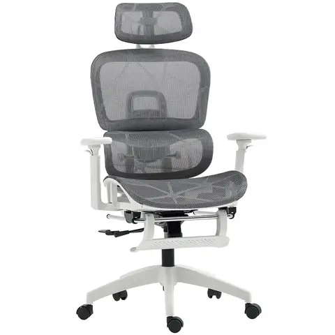 HOMCOM Ergonomic Office Chair, Mesh High Back Computer Desk Chair with 4 Level Adjustable Back, Adjustable Lumbar Support, Swivel Recliner with 3D Armrest, Headrest, Footrest, Grey and White