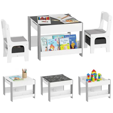 HOMCOM 3 Piece Kids Table and Chair Set, 3 in 1 Design Kids Desk and Chair Set with Blackboard, Storage, Bookshelves, for Nursery, Playroom, Classroom - Grey