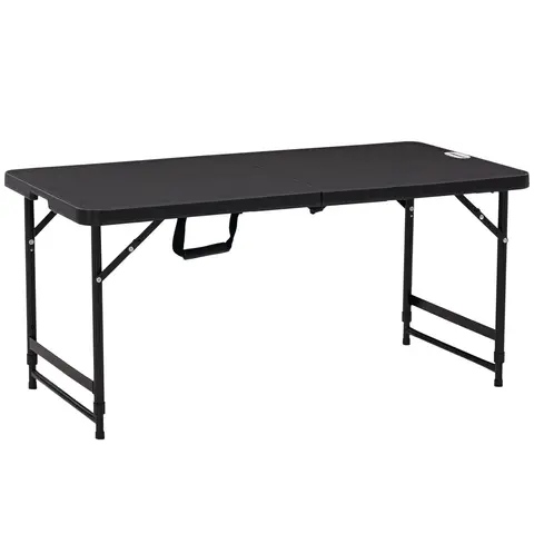 Outsunny Folding Garden Table, Height Adjustable Outdoor Dining Table for 4, Rectangular Patio Table with HDPE Tabletop and Steel Frame, Dark Grey