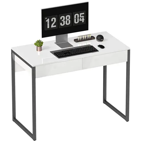 HOMCOM High Gloss Computer Desk with 2 Drawers, 100 x 50 cm Home Office Desk for Small Spaces, Modern Study Writing Table with Steel Legs, White and Black
