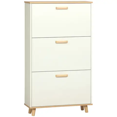 HOMCOM Narrow Shoe Cabinet, Slim Shoe Storage Cabinet with 3 Flip Drawers and Adjustable Shelves Cream White