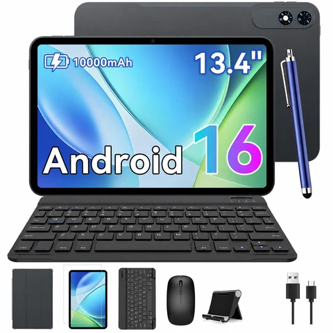 TABWEE T60Pro Tablet 13,4" Android 16, 120 Hz, 2K FHD+, 5G, WLAN, Octa-Core, 24 GB (8+16) RAM + 256 GB ROM, 10.000 mAh, 18 W Schnellladung, 8 MP + 16 MP, Bluetooth 5.0, Face ID, inklusive Hülle, Maus und Tastatur