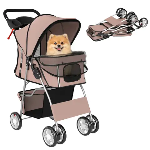PawHut Dog Pram, Foldable Pet Stroller for Small Miniature Dogs Cats, Pet Buggy Pushchair with 360° Swivel EVA Wheels, Brake 