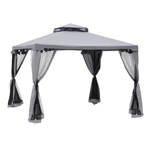 Outsunny 3 x 3 m Metal Gazebo, Garden Pavillion, Double Roof Outdoor Canopy Shelter with Mesh Sidewalls, Grey