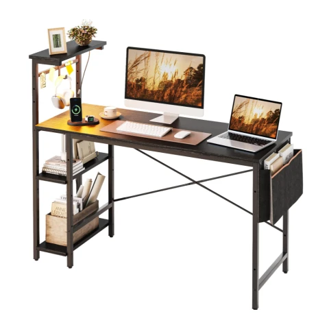 Bestier Computertisch Gamingtisch, Computertisch mit LED & Regal(113/130/155 cm, Verstellbarer Schreibtisch Rechts oder Links, Bürotisch mit LED-Beleuchtung), für Heimbüro, Raum
