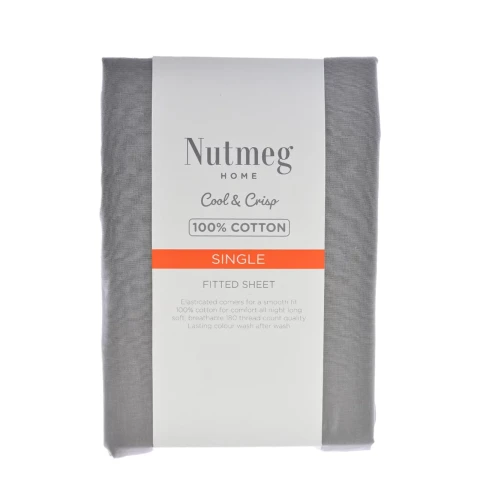 Nutmeg Home Fitted Sheet 100% Cotton 180 Thread Count Grey Single