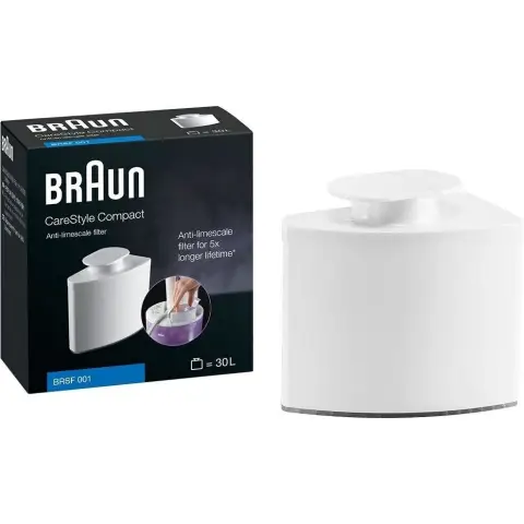 Braun Haushaltsgeräte BRSF 001 Anti-Kalk-Filter - Kompatibel mit Braun Haushaltsgeräte CareStyle Compact Dampfbügelstationen, 23 Wassertankfüllungen, Verlängert die Lebensdauer von Dampfbügeleisen, Weiß