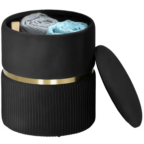 HOMCOM Round Storage Stool, Velvet-feel Fabric Upholstered Vanity Stool with Removable Top, Padded Seat and Hidden Space Blac