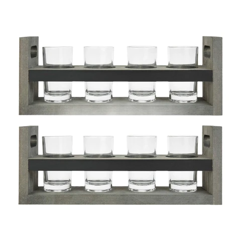 MyGift Vintage Graues Holz Bier Flight Sampler Serviertablett mit Kreidetafeln & 4 Verkostungsgläsern, Set von 2