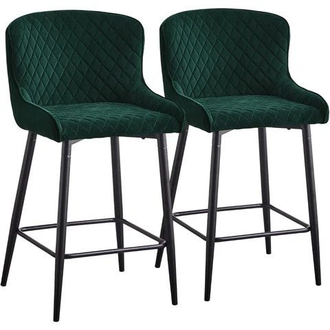 CLIPOP Velvet Bar Stools Set of 2, Breakfast Bar Chairs with Sturdy Metal Legs and Footrest, Kitchen Stools for Counter, Green