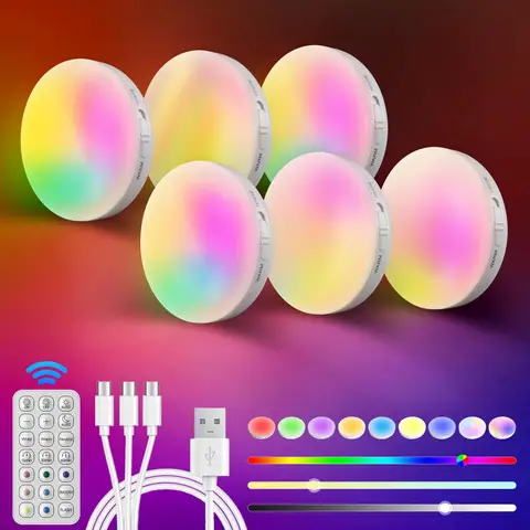 Homelist Motion Sensor Lights Indoor, 6 Pack RGB Puck Light with Remote, Wireless Rechargeable LED Night Light for Wall Stair Kitchen Cupboard Under Cabinet Wardrobe