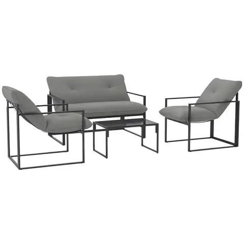 Outsunny 4 Piece Garden Sofa Set, 2 Single Armchair, Loveseat and Coffee Table Set with Steel Frame, Outdoor Furniture with Thick Cushions, Light Grey