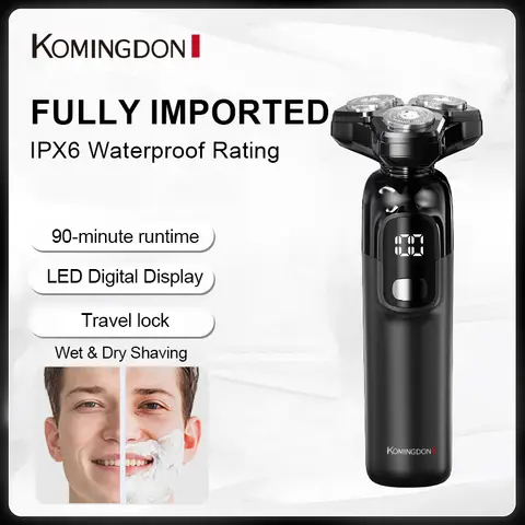 Komingdon Magnetic surface shaver, digital display shaver, long-lasting battery, three head rotating shaver, dual ring network travel lock, men's beard trimmer