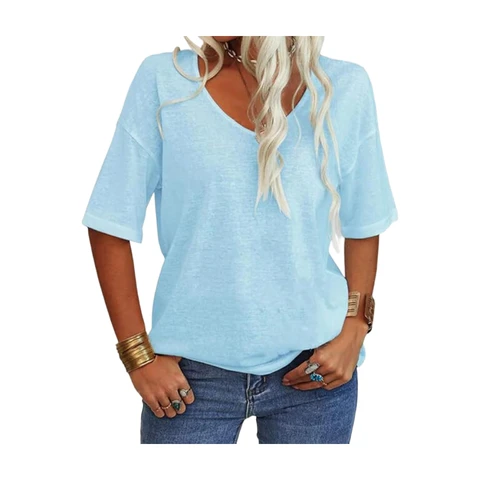 Women Fashion V-Neck Half Sleeves Oversized T Shirt Solid Casual Loose Basic Tops
