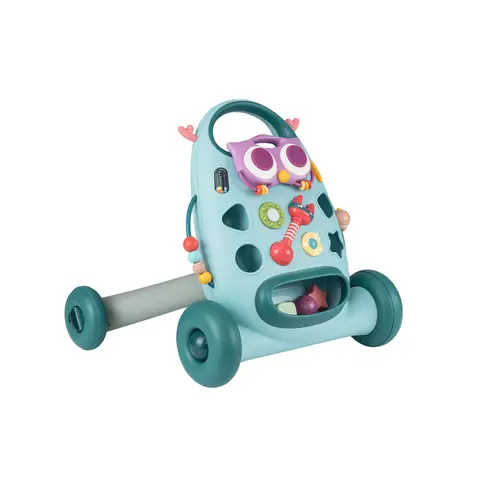 COSTWAY Poussette d'apprentissage pour bébé avec plateau de jeu ovale amovible et jouet de tri de formes - Bleu