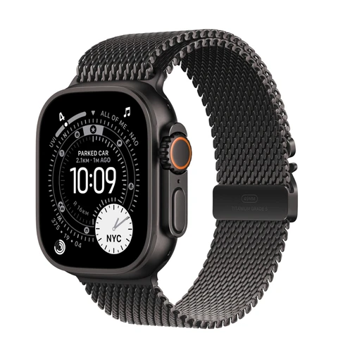 Apple Watch Ultra 3 GPS + mobiel netwerk 49 mm - Zwart titanium-hoesje met zwart titanium Milanese bandje - medium
