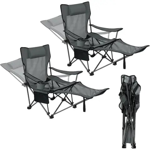 eSituro Klappstuhl Campingstuhl Faltbar, 2er-Set, Belastbar bis 150 kg, Angelstuhl Faltbar, Campingliege mit Getränkehalter & Tragetasche, Grau