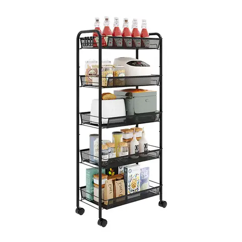 ochama×J.ZAO Chariot de Cuisine à 5 Niveaux avec Roulettes, Rangement Mobile pour Épices, Vaisselle, Garde-Manger et Légumes, Noir