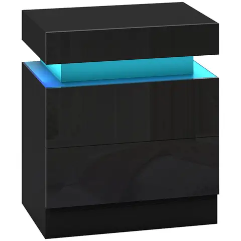 HOMCOM High Gloss Front Bedside Table, APP Control Nightstand with RGB LED Light and 2 Drawers, Chest of Drawers Black