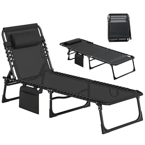 Outsunny Portable Sun Lounger, Folding Camping Bed Cot, Reclining Lounge Chair 5-position Adjustable Backrest with Side Pocke