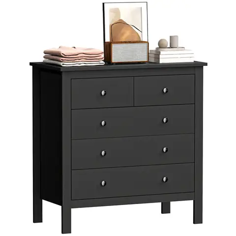 HOMCOM 5 Drawer Dresser for Bedroom, Modern Chest of Drawers, Wide Storage Unit for Living Room, Hallway, Closet, Black Black