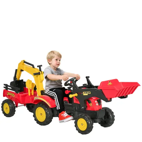 HOMCOM Ride On Tractor for Kids, 3 in 1 Ride On Excavator Toy Car with Adjustable Bucket, Digger and Removable Trailer, Pretend Play Construction Truck for 3-6 Years