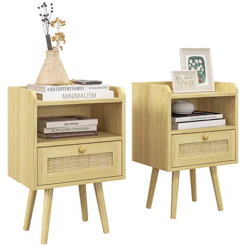HOMCOM Bedside Tables Set of 2, Boho Style Side Table Set with Drawer, Storage Compartment and Rattan Accent, Nightstand for Bedroom, 40 x 30 x 60 cm, Natural Wood Finish