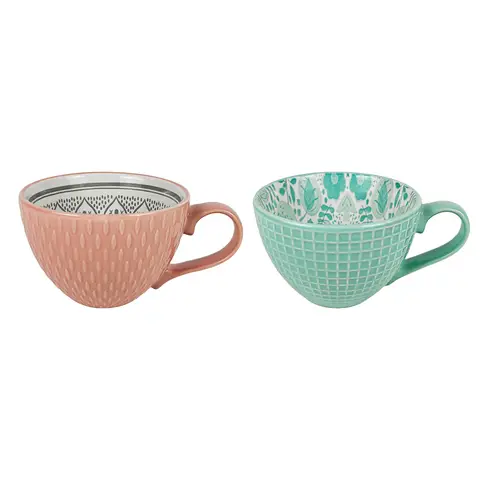 Set of 2 400ml Ceramic Mugs, Textured Matte Finish, Mint Green & Coral Pink Coffee Cups with Handle