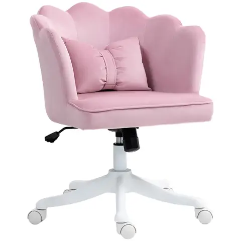 HOMCOM Computer Desk Chair, Armless Makeup Vanity Chair with Shell Back, Bow Pillow, Height Adjustable, Swivel Wheels for Home, Bedroom, Pink