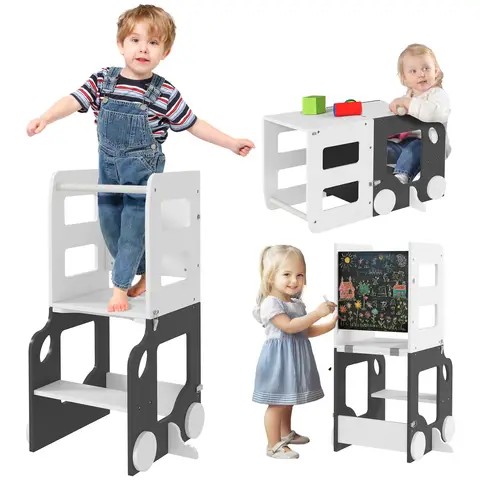AIYAPLAY Toddler Step Stool, 4 in 1 Standing Tower, Foldable Toddler Step with Safety Rail, for Kitchen, Bathroom, Counter, White and Grey