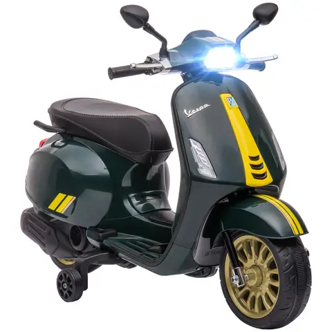 AIYAPLAY Vespa Licensed 12V Kids Electric Motorbike, Kids Ride on Motorcycle with Music, Head Light, MP3, FM Radio, Two Training Wheels, for 3-6 Years - Green
