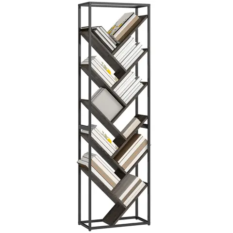 HOMCOM Tree Bookshelf, 10 Tier Floor Standing Bookcase, Industrial Tall Display Storage Shelving Unit Grey and Black