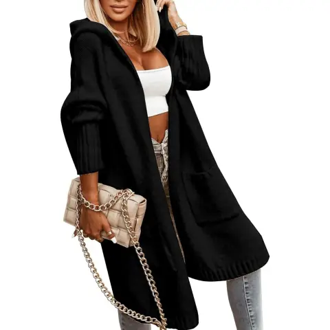 Women's Long Cardigans Cable Knitted Open Front Oversized Hooded Outerwear Sweater Coat (Black, XXL)