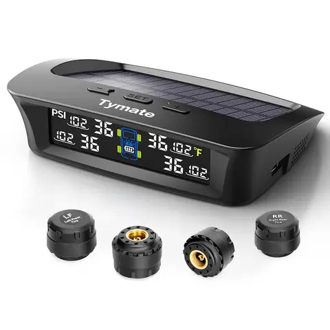 Tymate RV Tire Pressure Monitoring System, Solar Powered Tire Pressure Monitor with 4 Sensors, 6 Alarm Modes, Color LCD Display, 0-87PSI, for RV/Trailer/Truck, TM3C+4TS2