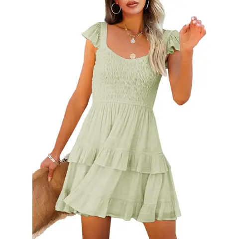 Women's Summer Ruffle Dresses Elastic Empire Waist A-line Layered Swing Flowy Mini Dress (lightgreen, M)